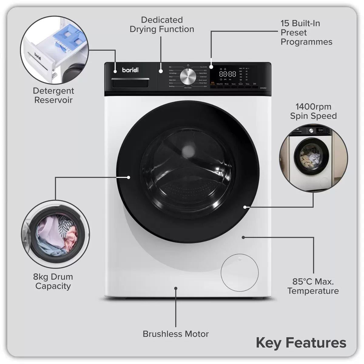 Sealey DH263 Baridi 8/5kg Washer Dryer, Front Loading 1400rpm White 240V