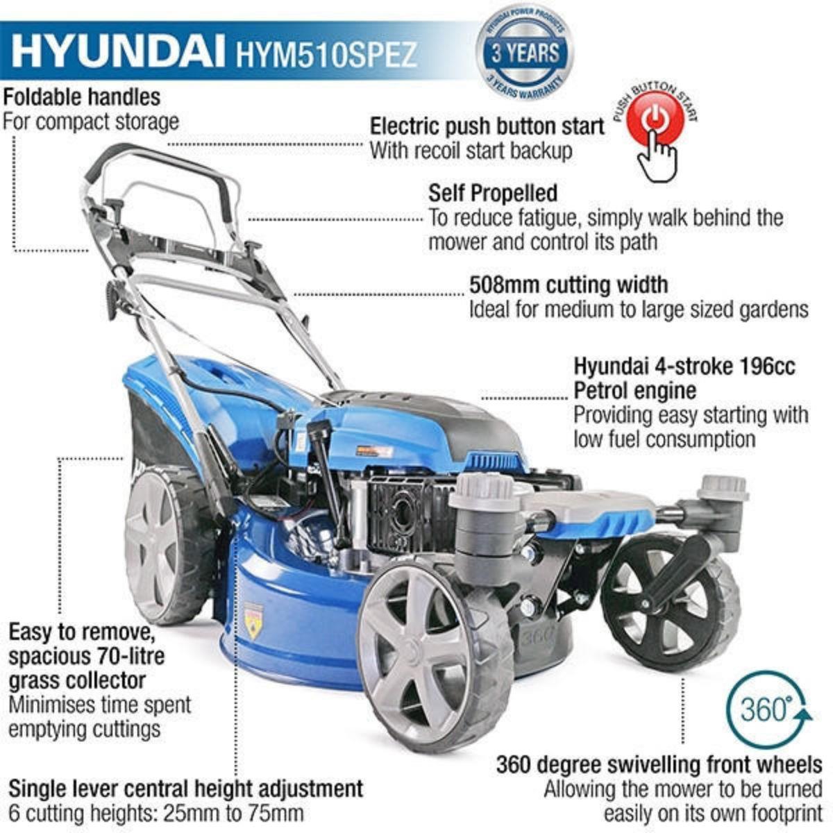 Hyundai HYM510SPEZ 51cm Self-Propelled Petrol Lawnmower, Electric Start, 70L Collector & Mulching