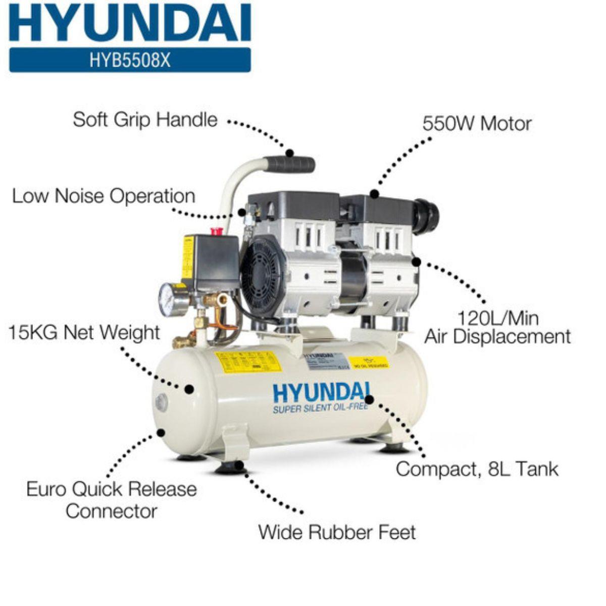 Hyundai HY5508X 8L Oil Free Low Noise Portable Air Compressor 100psi Direct Drive 230V/550W