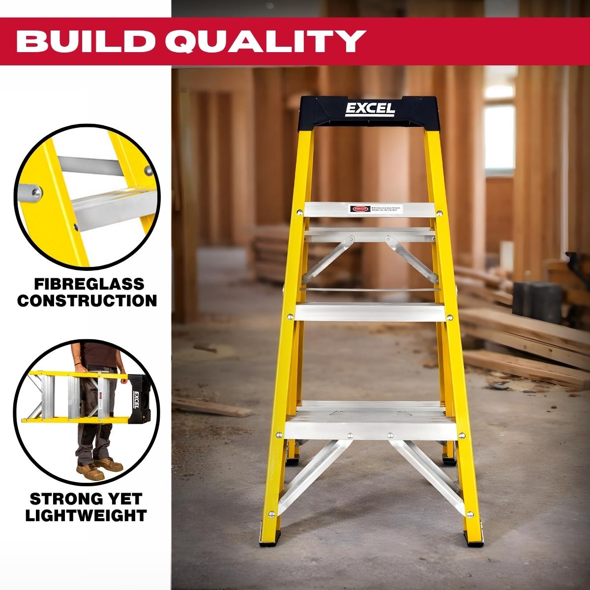 Excel Electricians Fibreglass Step Ladder 4 Tread 0.96m Heavy Duty