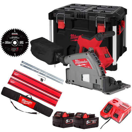 Milwaukee M18FPS55-0PEB 18V 165mm Fuel Brushless Plunge Saw with 2 x 5.0Ah Battery with Blade & Guide Rail Kit