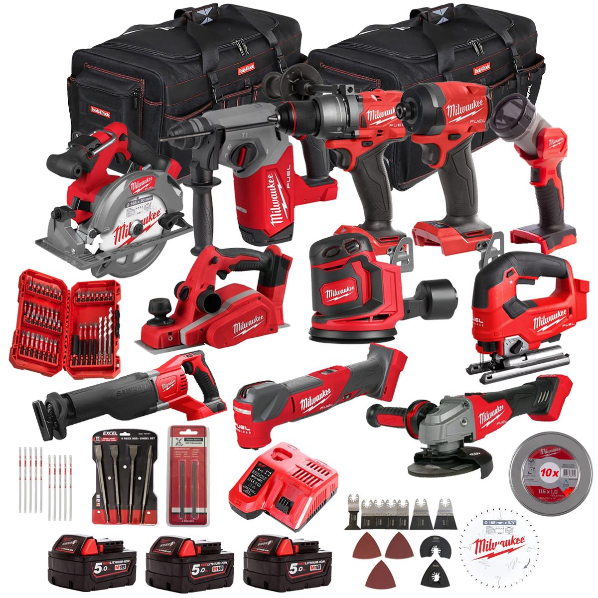 Milwaukee M18FPP11L3-503BA 18V 11 Piece Tool Kit with 3 x 5.0Ah Batteries, Charger & Accessories Set