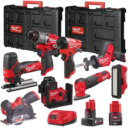 Milwaukee M12FPP7B2-624P 12V Fuel 8 Piece Powerpack Tool Kit with 1 x 6.0Ah & 2.0Ah Batteries, Charger & Case