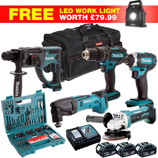Makita 18V 6 Piece Combo Kit with 3 x 5.0Ah Batteries Charger & 100 Accessory Set T4TKIT-27805
