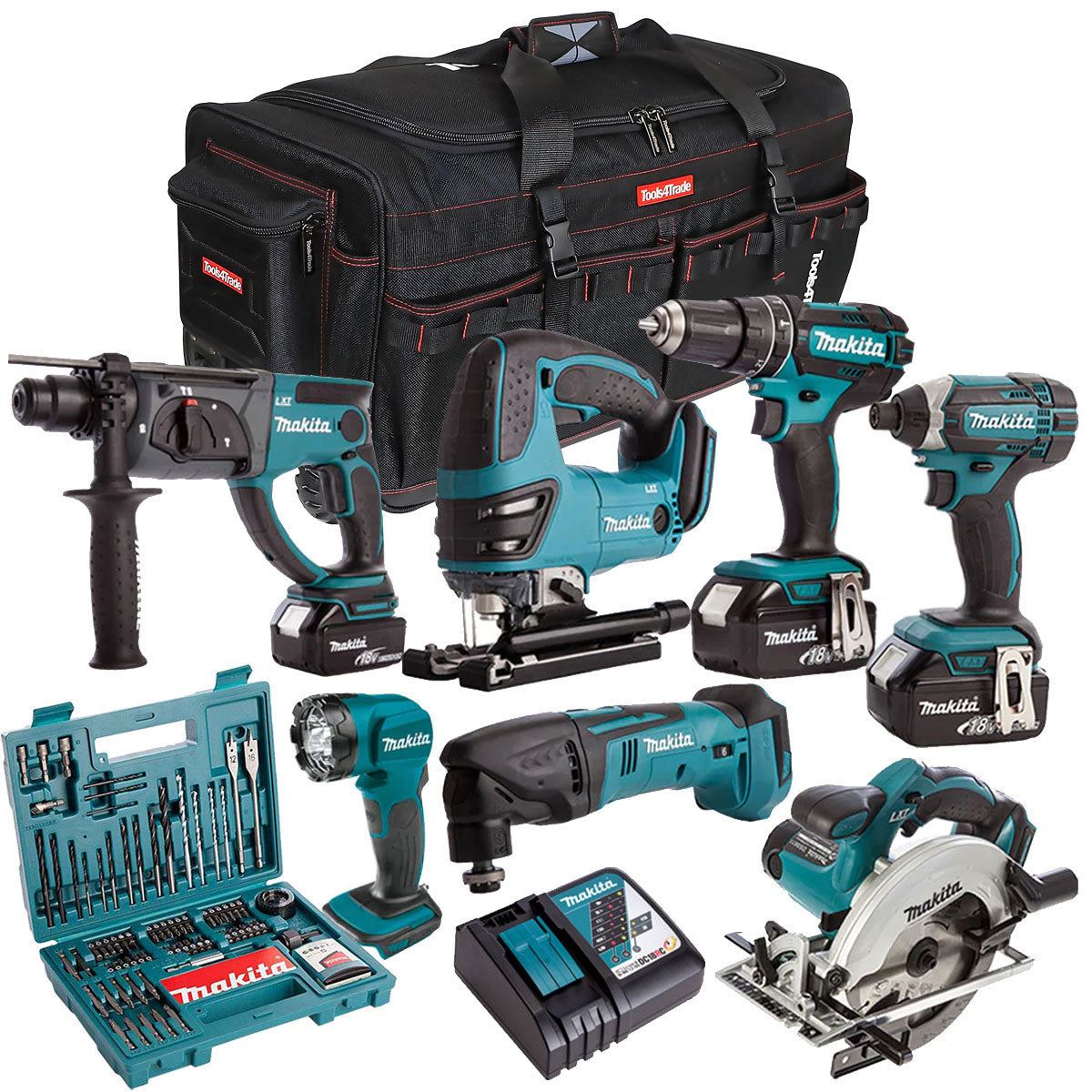 Makita 18V 7 Piece Cordless Kit with 3 x 5.0Ah Batteries & 100 Piece Bit Set T4TKIT-29