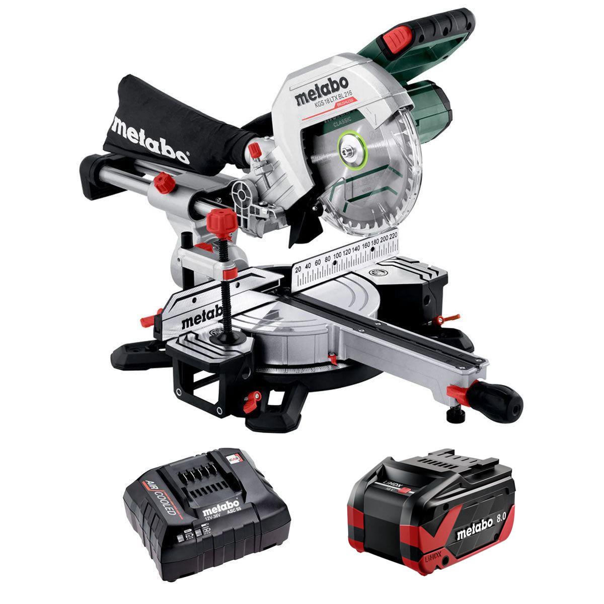 Metabo KGS 18 LTX BL 216 18V 216mm Brushless Mitre Saw with 1 x 8.0Ah Battery & Charger