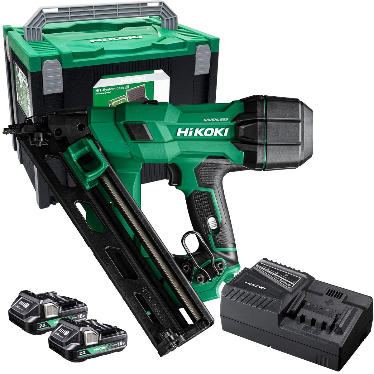 Hikoki NT1865DAAJXZ 18V Brushless 2nd Generation 15G Angled Finishing Nailer with 2 x 2.0Ah Battery Charger & Case