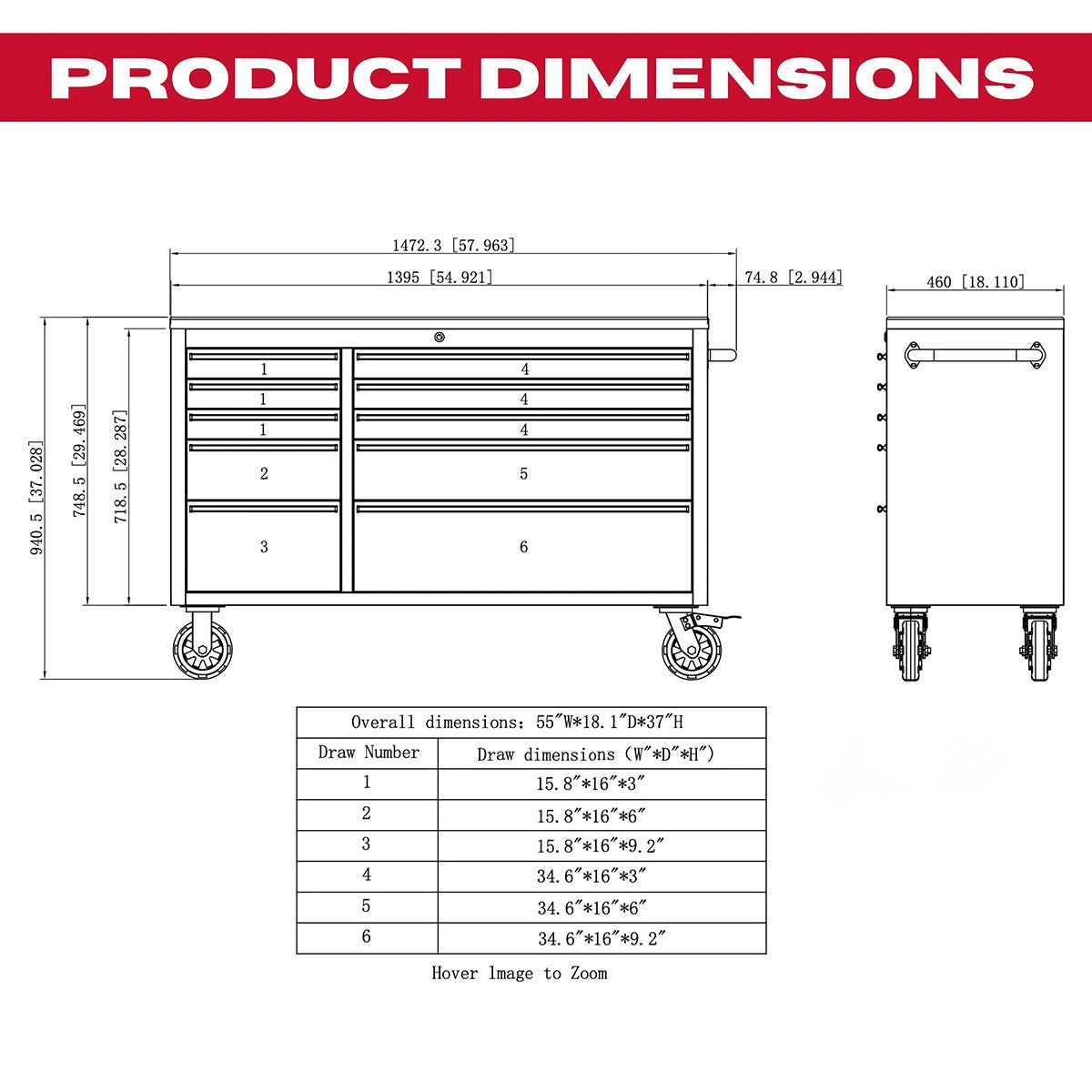 Excel 55inch 10 Drawer Stainless Steel Workbench Roller Tool Chest Cabinet with Pegboard & Tall Cabinet
