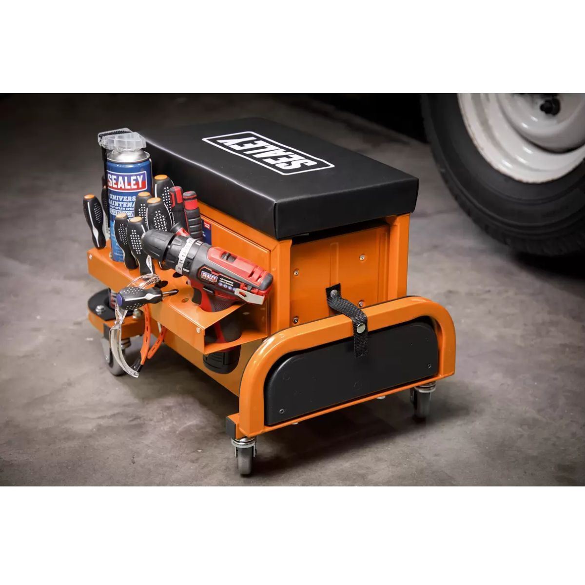 Sealey SCR18O Mechanic's Utility Seat & Toolbox-Orange
