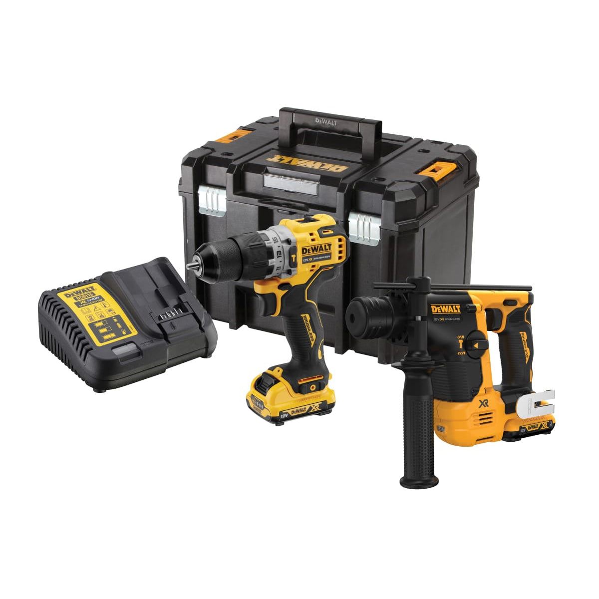 Dewalt DCK2102L2T 12V XR Brushless SDS+ Hammer & Combi Drill Twin Pack 2 x 3.0Ah Battery Charger & Kit Box
