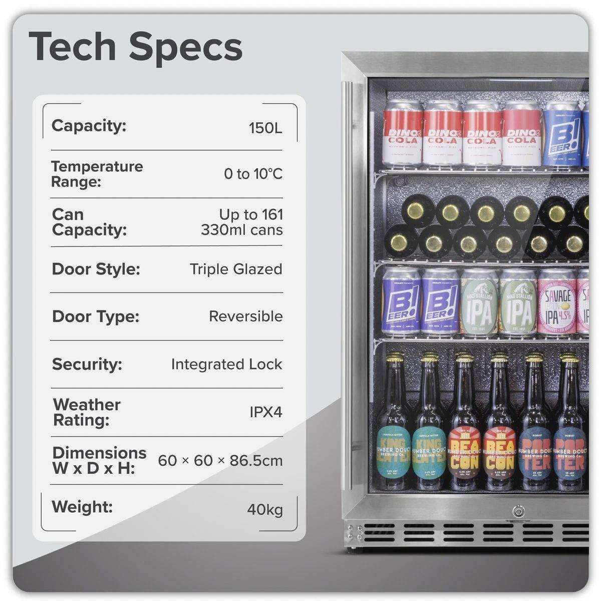 Sealey DH439 Baridi Outdoor Drinks/Beverage/Bar Fridge with Triple Glazed Door & Security Lock 150L