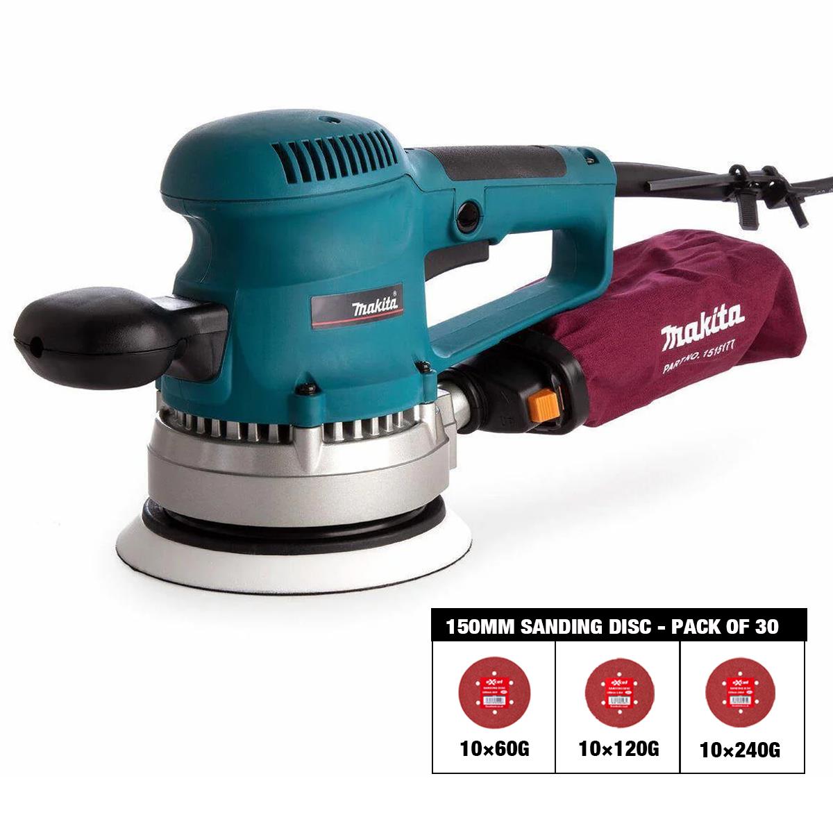 Makita BO6030/1 150mm Corded Random Orbit Sander 110V with Sanding Disc 60G, 120G, 240G Pack of 30