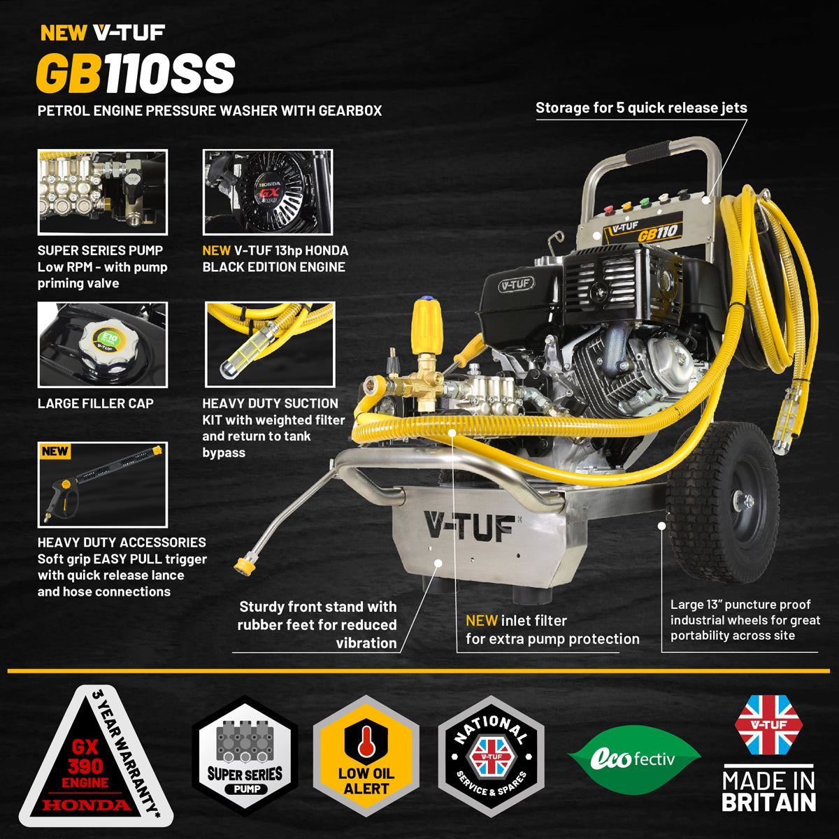 V-TUF GB110 21L/min Industrial 13HP Gearbox Driven Honda Petrol Pressure Washer 3000psi & 200Bar