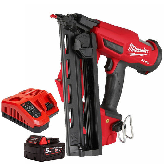Milwaukee M18FN16GA-0 18V Brushless 16G Angled Finish Nailer with 1 x 5.0Ah Battery & Charger