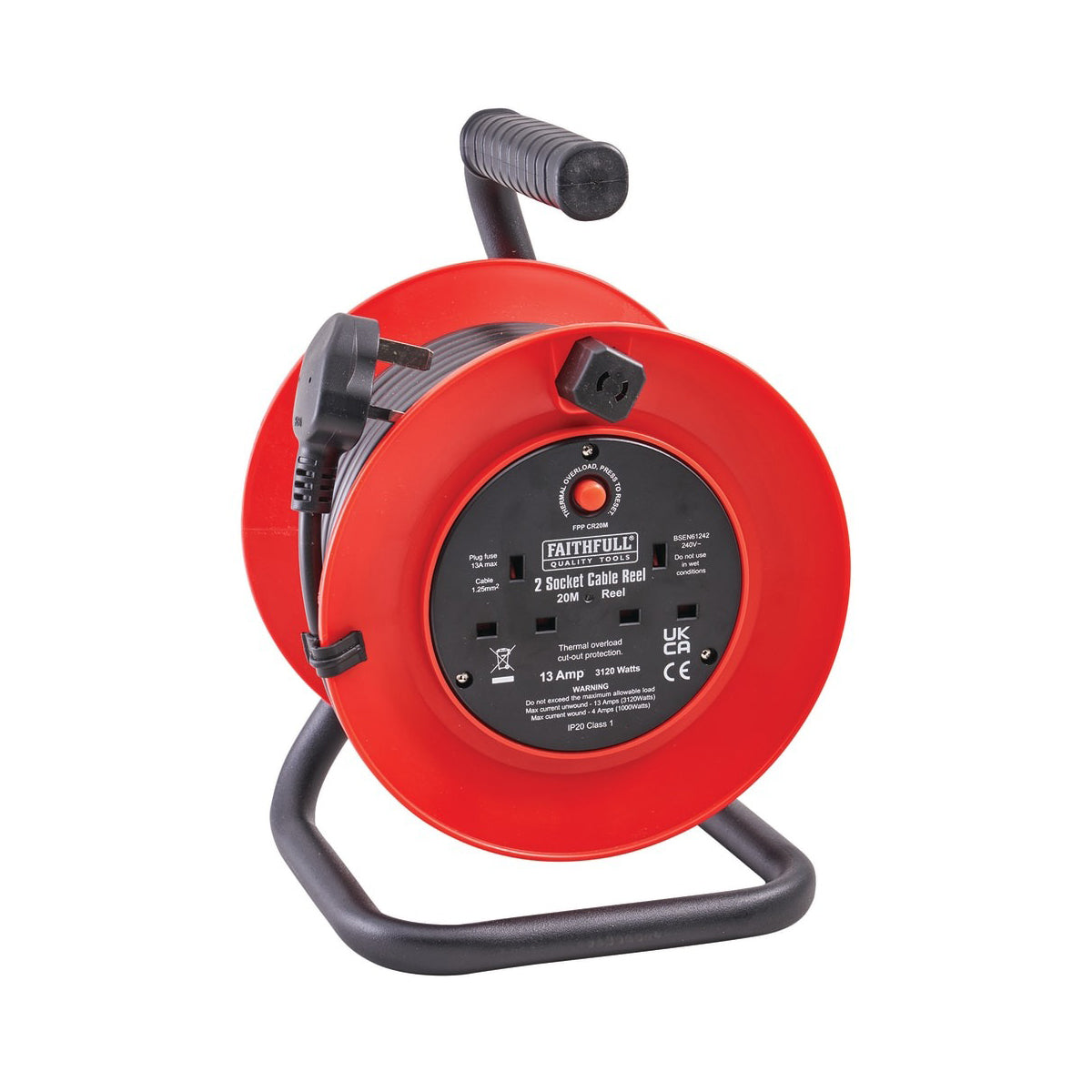 Faithfull 20m 13A Power Plus Durable & Convenient Extension Cable Reel XMS1920CABLE