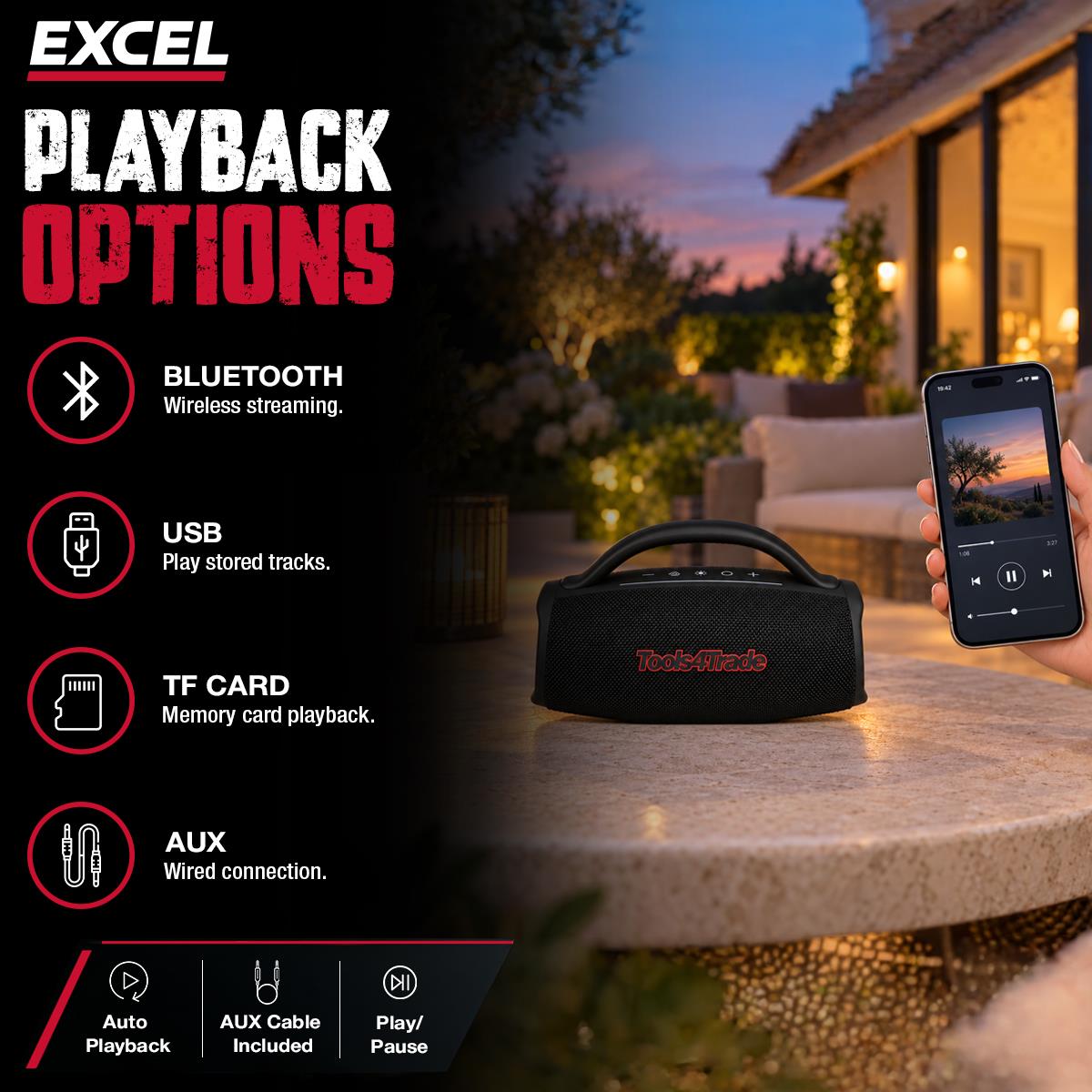 Excel Jobsite Bluetooth Speaker 40-70W IPX6 Waterproof with Auracast