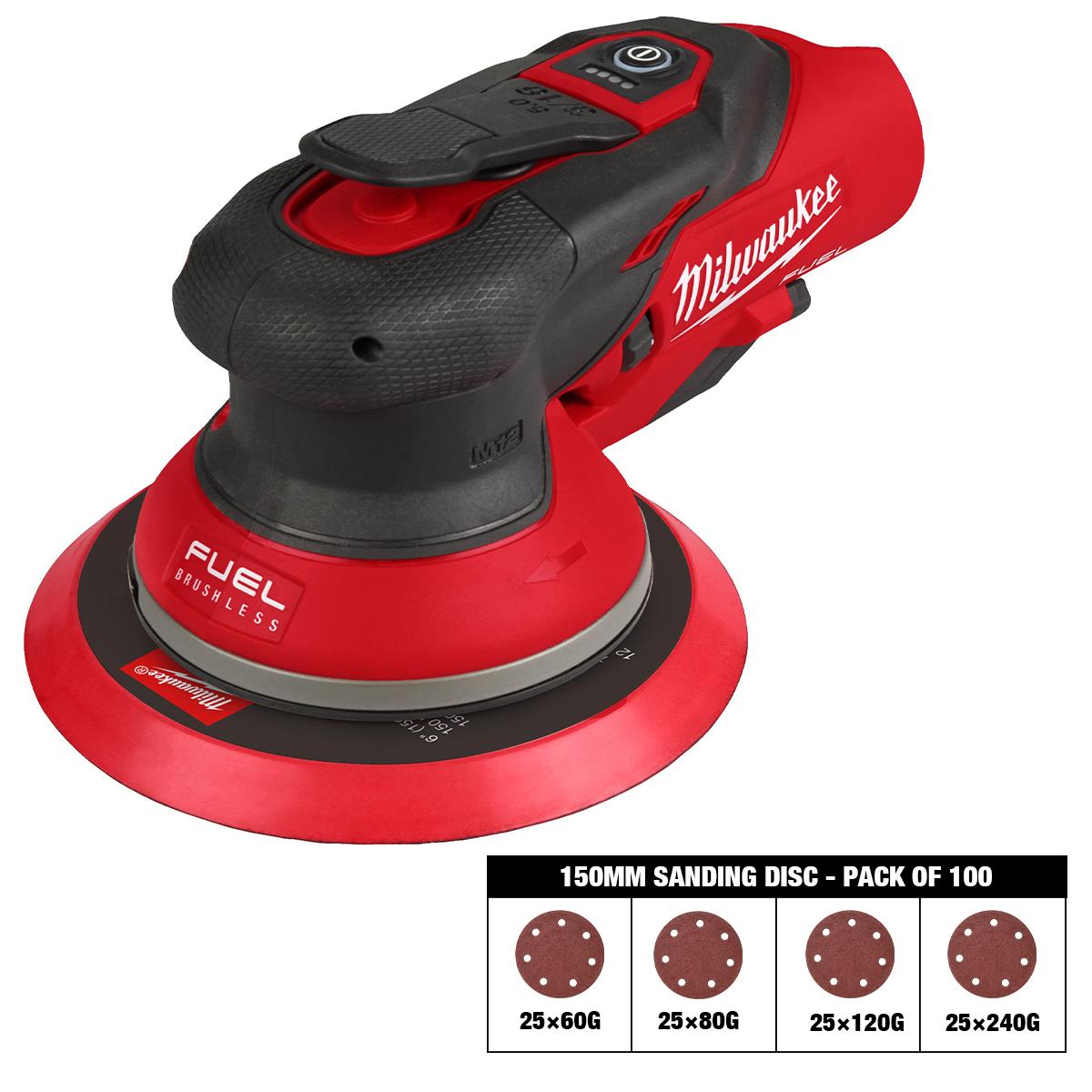 Milwaukee M12FROS5-0 12V FUEL Brushless 150mm Random Orbit Sander with Sanding Disc 60G, 80G, 120G, 240G Pack of 100