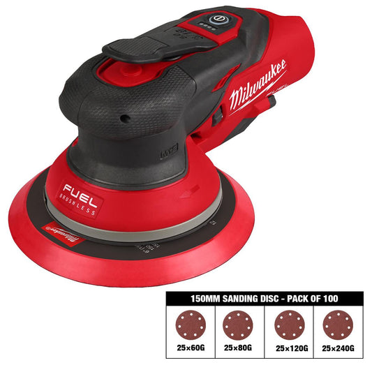 Milwaukee M12FROS5-0 12V FUEL Brushless 150mm Random Orbit Sander with Sanding Disc 60G, 80G, 120G, 240G Pack of 100