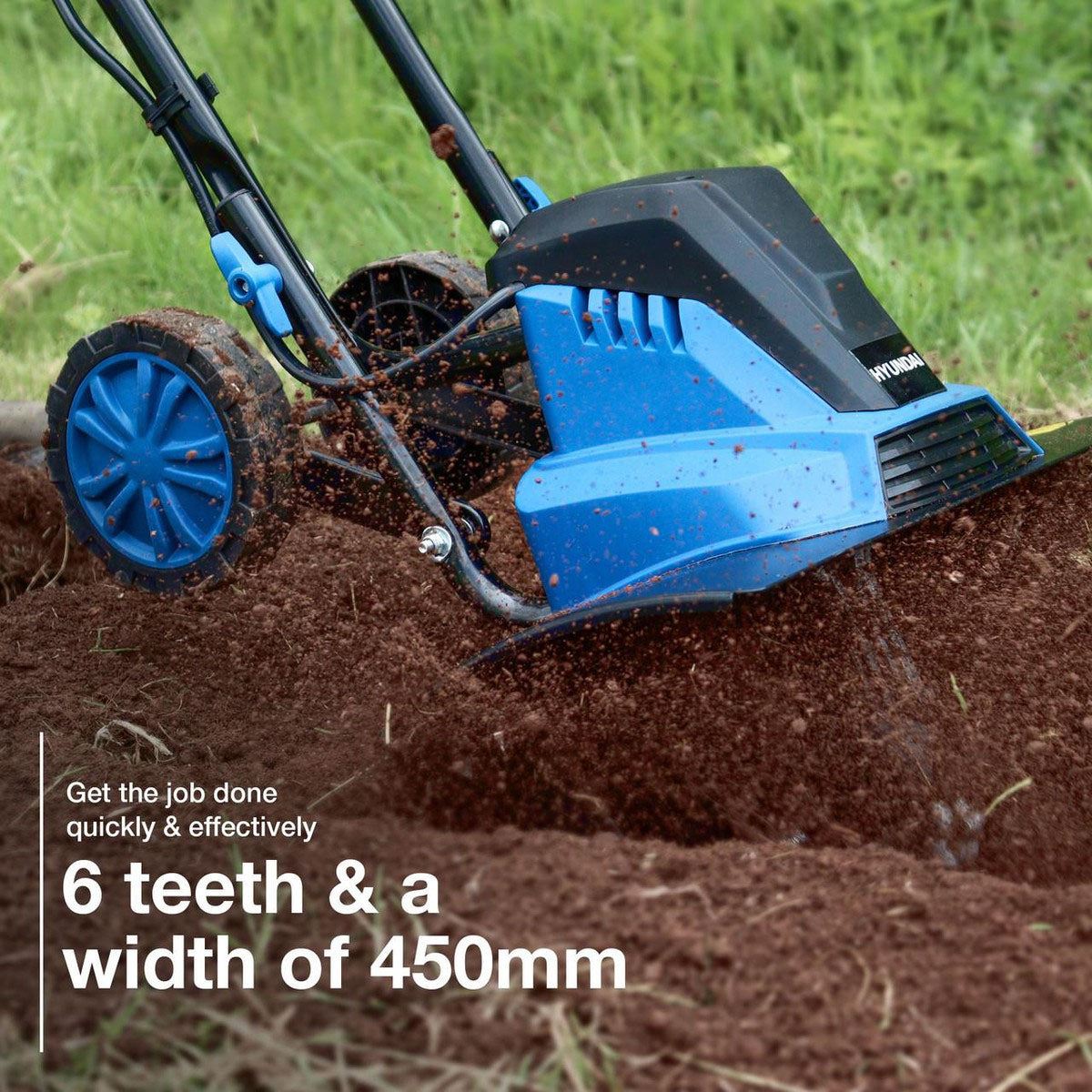 Hyundai HYT1500E 45cm Electric Garden Tiller Cultivator Rotovator and Rototiller 4 x 6 Blades 230V/1500W