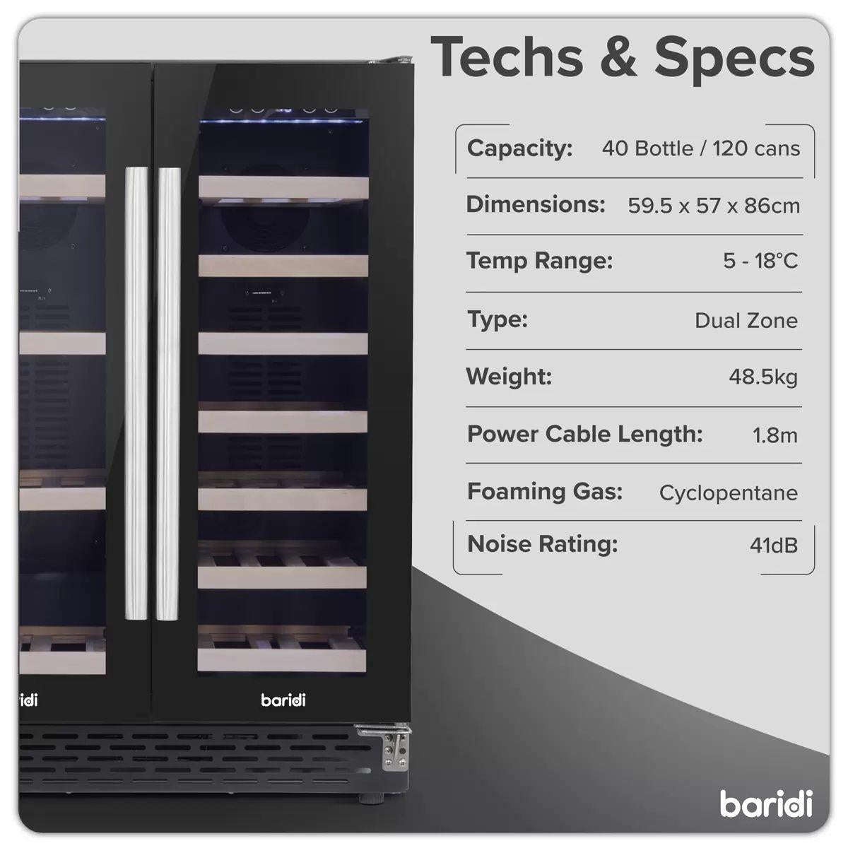 Sealey DH96 Baridi 40 Bottle/120 Can Dual Zone Undercounter/Freestanding Wine & Drinks Fridge Black 230V