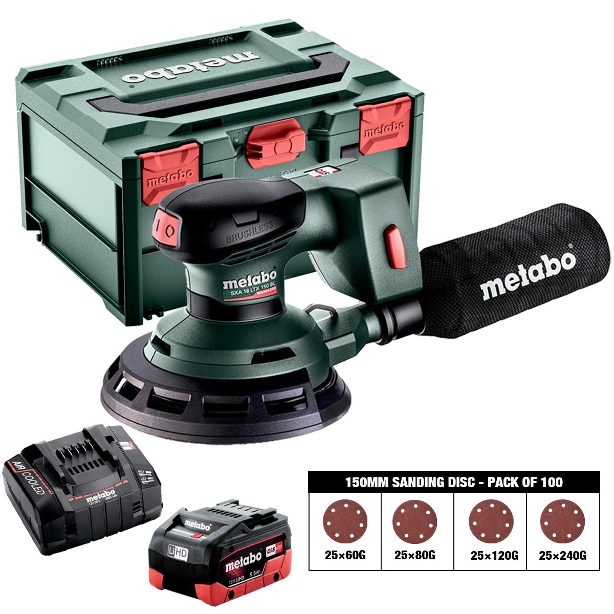 Metabo SXA 18 LTX 150 BL 18V Brushless 150mm Random Orbital Sander with Sanding Disc 60G, 80G, 120G, 240G Pack of 100 & 1 x 5.5Ah Battery, Charger & Case