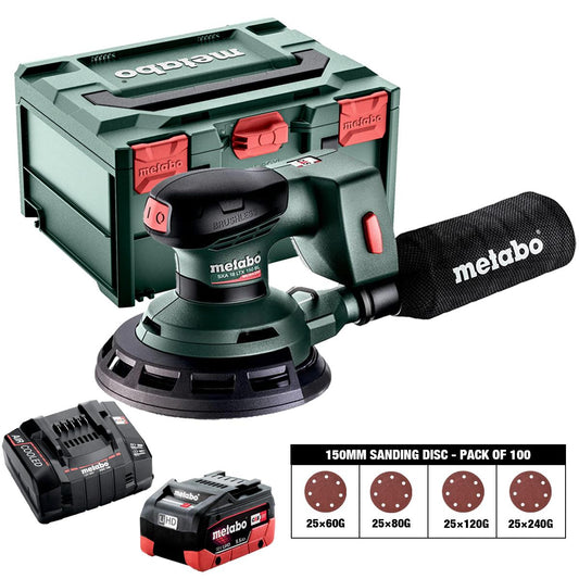 Metabo SXA 18 LTX 150 BL 18V Brushless 150mm Random Orbital Sander with Sanding Disc 60G, 80G, 120G, 240G Pack of 100 & 1 x 5.5Ah Battery, Charger & Case