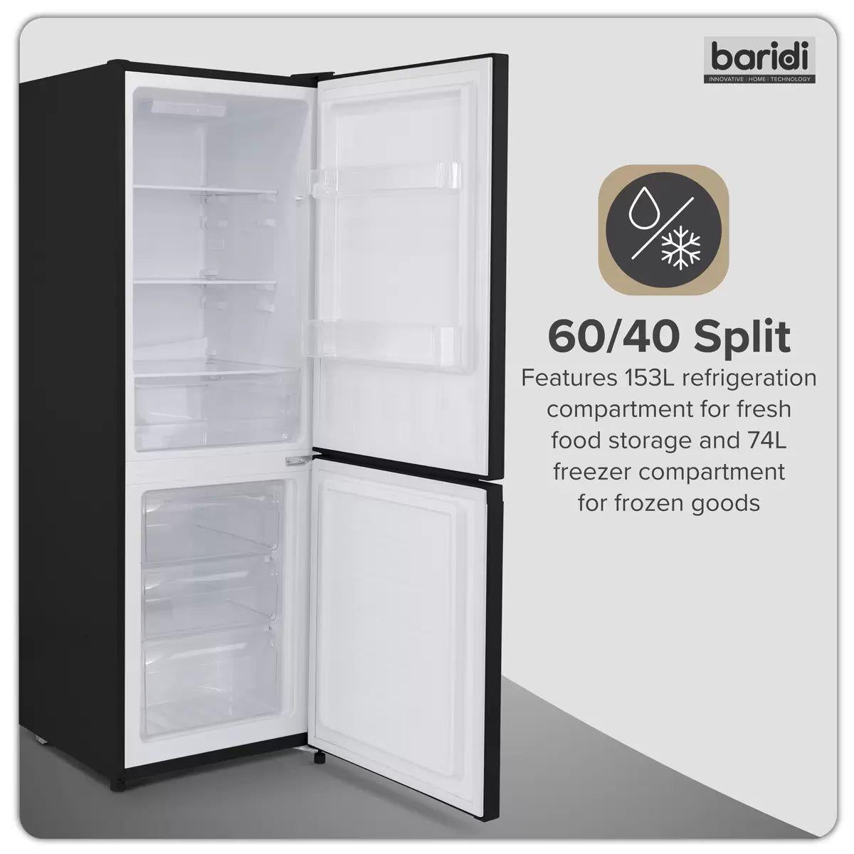 Sealey DH327 Baridi 60/40 Smart Frost Fridge Freezer 227L Capacity Black 230V