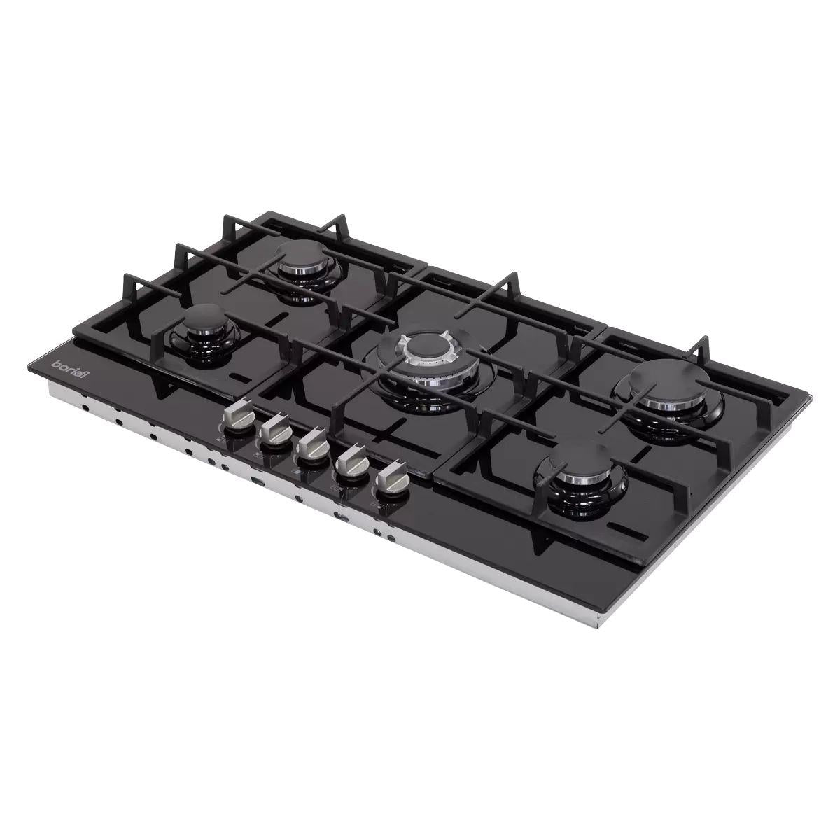 Sealey DH383 Baridi 90cm Gas Hob Black Glass with 5 Burners, Cast Iron Supports & Auto Ignition 11kW/230V
