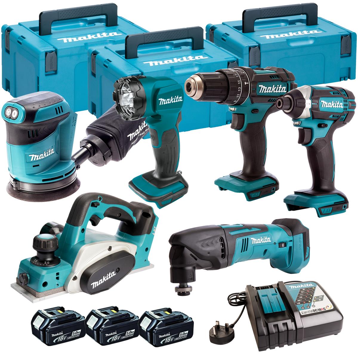 Makita 6 Piece Kit 18V Li-ion With 3 x 5.0Ah Batteries Charger T4TKIT-104