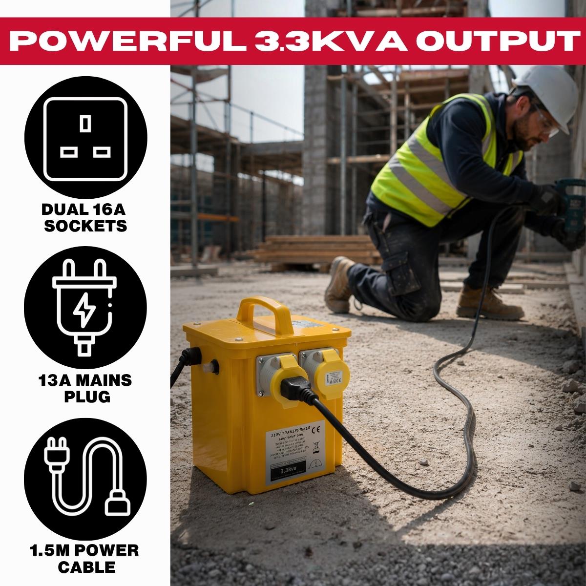 Connexion 3.3kVA 110V Site Transformer with Dual 16A Sockets, 13A Plug & 1.5m Cable - 10961