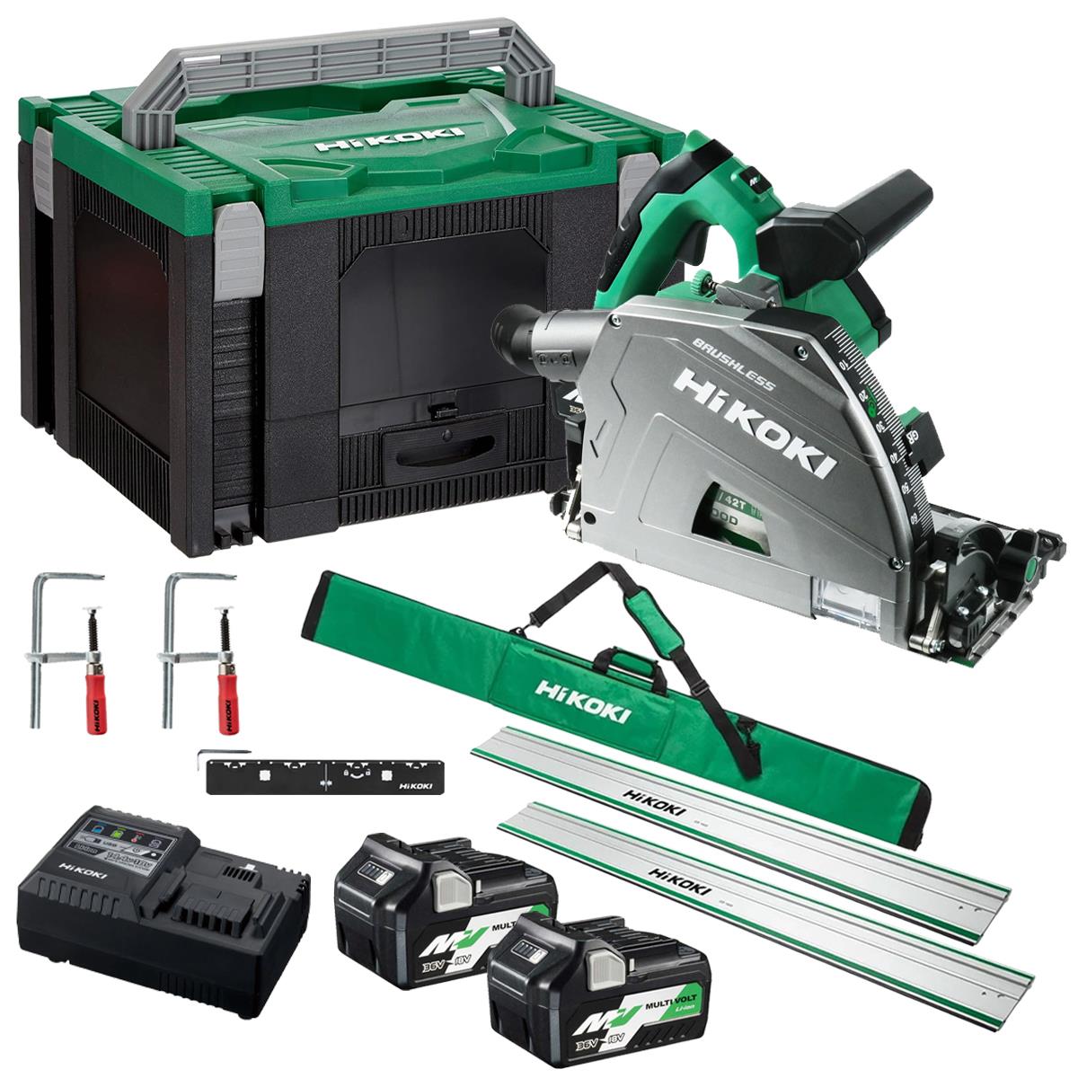 HiKOKI C3606DPAJVZ 36V MultiVolt Brushless 165mm Plunge Saw with 2 x 4.0/8.0Ah Batteries with Guide Rail Kit