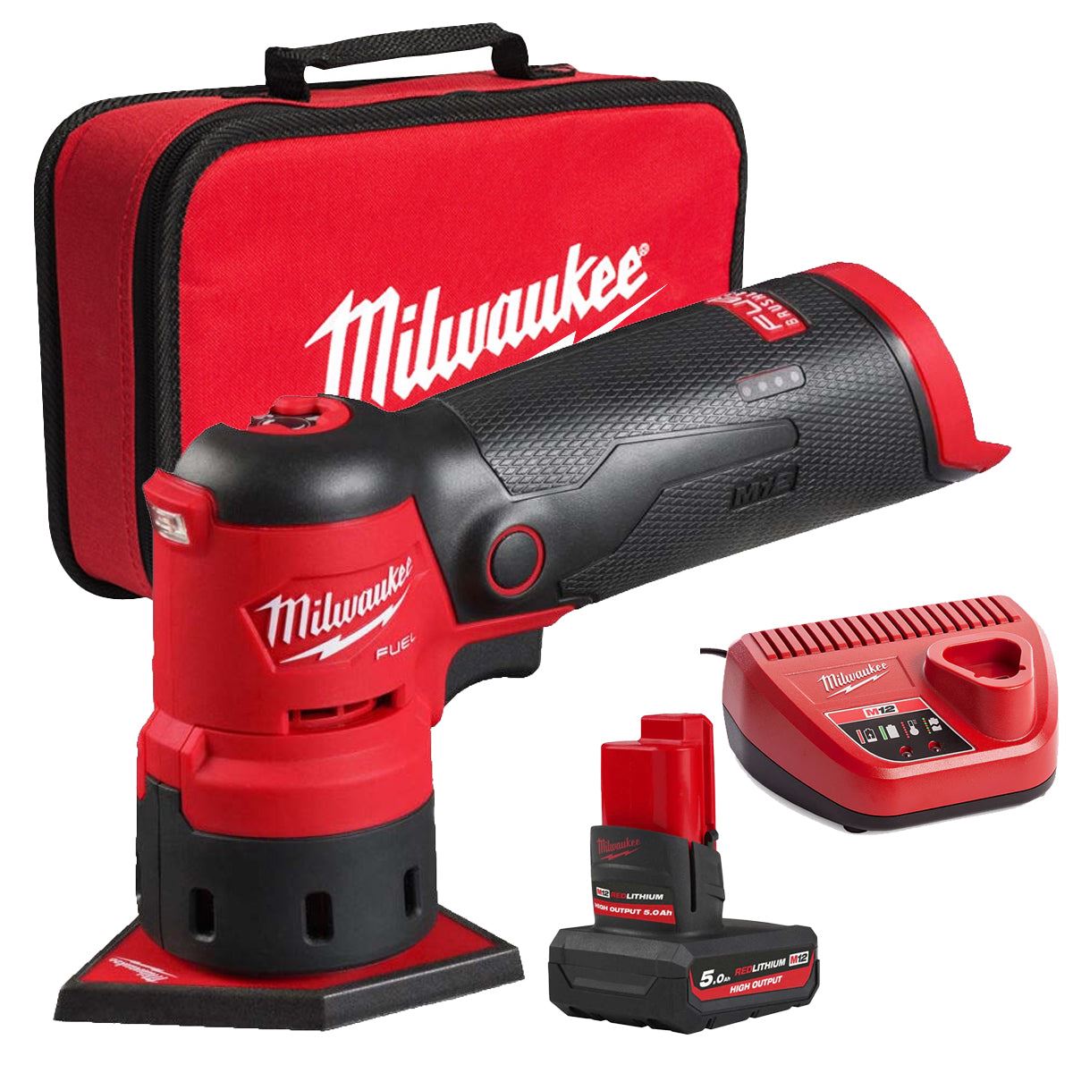 Milwaukee M12FDSS-0B 12V Brushless Spot Sander with 1 x 5.0Ah Battery Charger & Bag