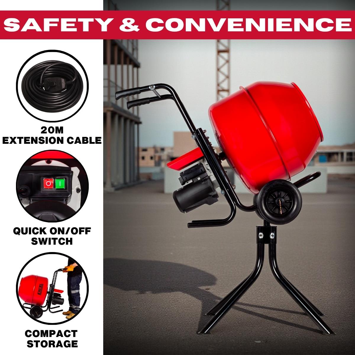 Excel 134L Portable Cement Mixer 240V/370W with Wheels