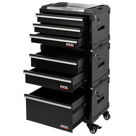 Excel 6 Drawer Modular Rolling Tool Box Stackable with Stainless Steel Worktop