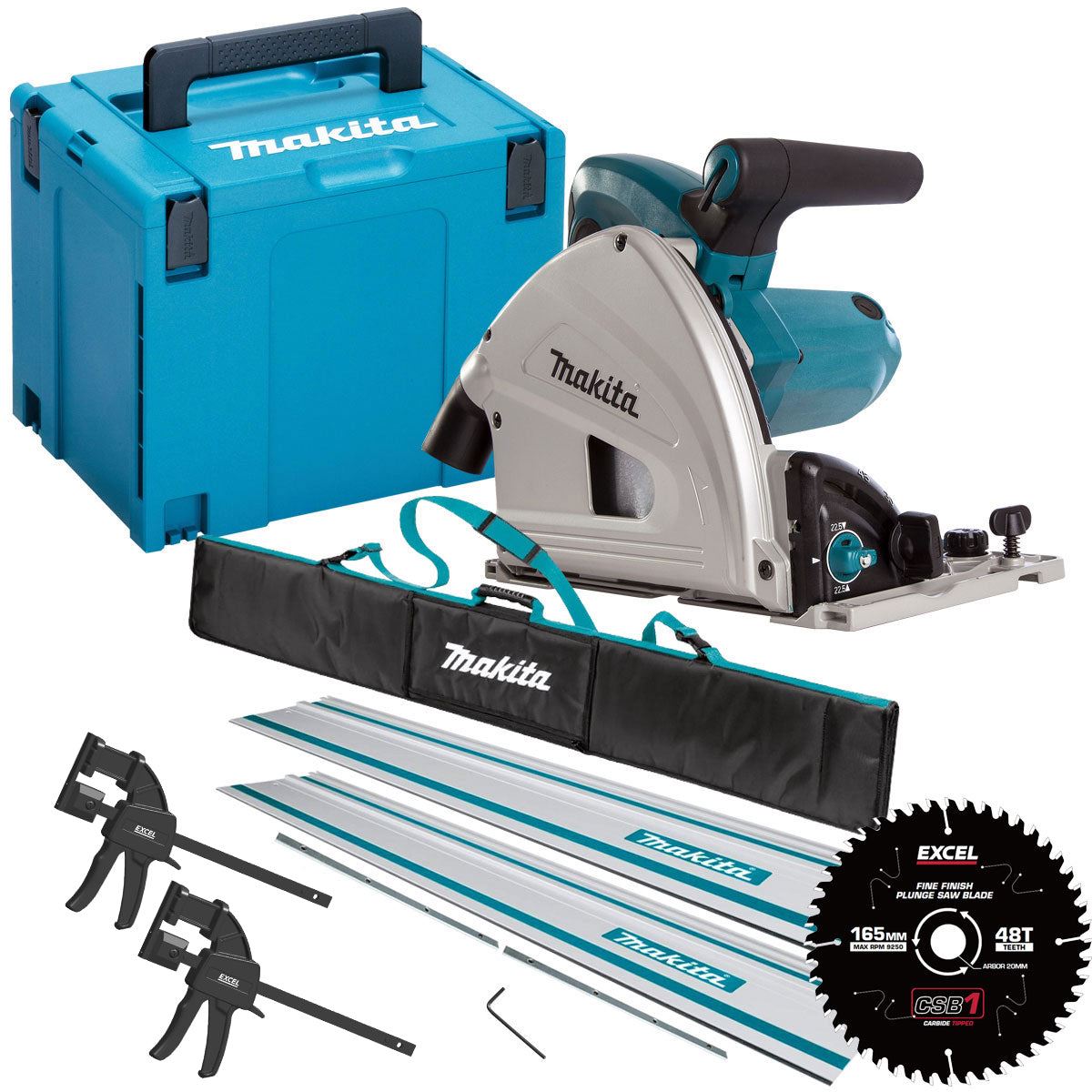 Makita SP6000J/1 110V 165mm Plunge Saw + 2 x Rails, Connector Bar, Clamp With Blade & Bag