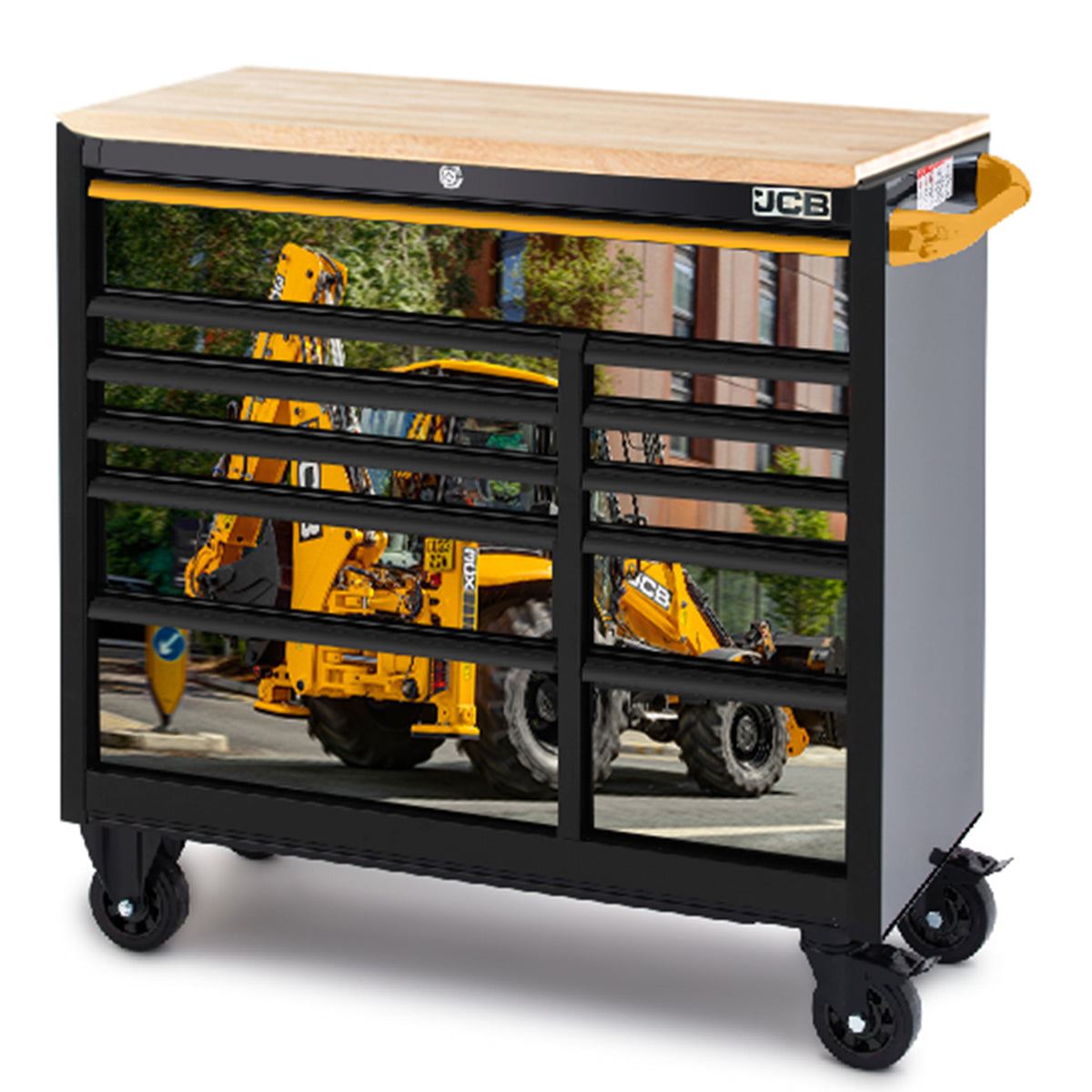 JCB 42’’ Roller Tool Cabinet, 11 Drawers, Steel with Hardwood Worktop and Backhoe Loader Wrap JCBBHLRCBB