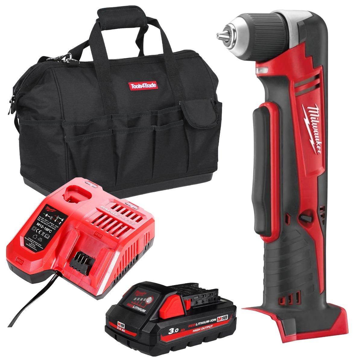 Milwaukee M18C18RAD-0 18V Compact Right Angle Drill with 1 x 3.0Ah Battery, Charger & Bag