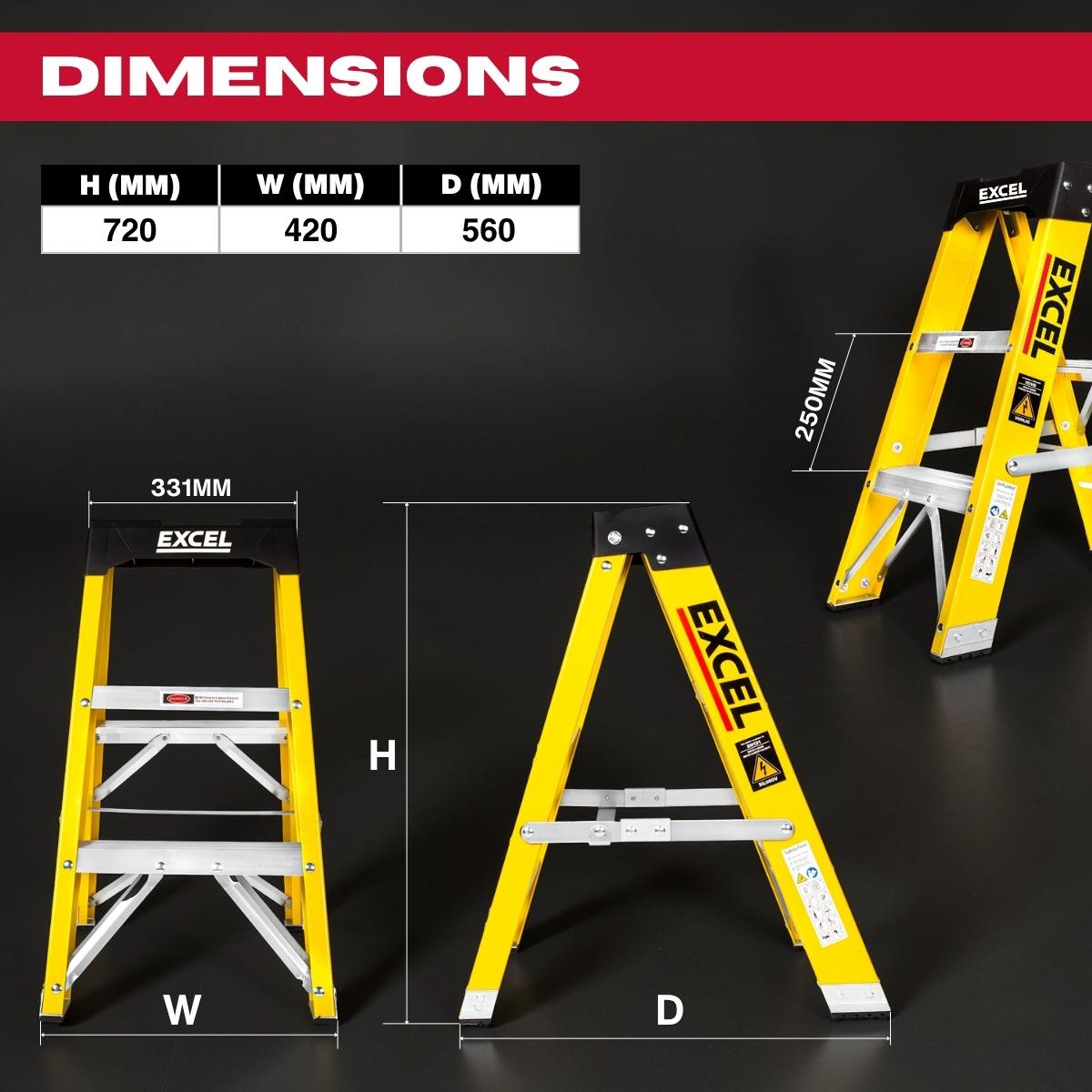 Excel Electricians Fibreglass Step Ladder 3 Tread 0.72m Heavy Duty