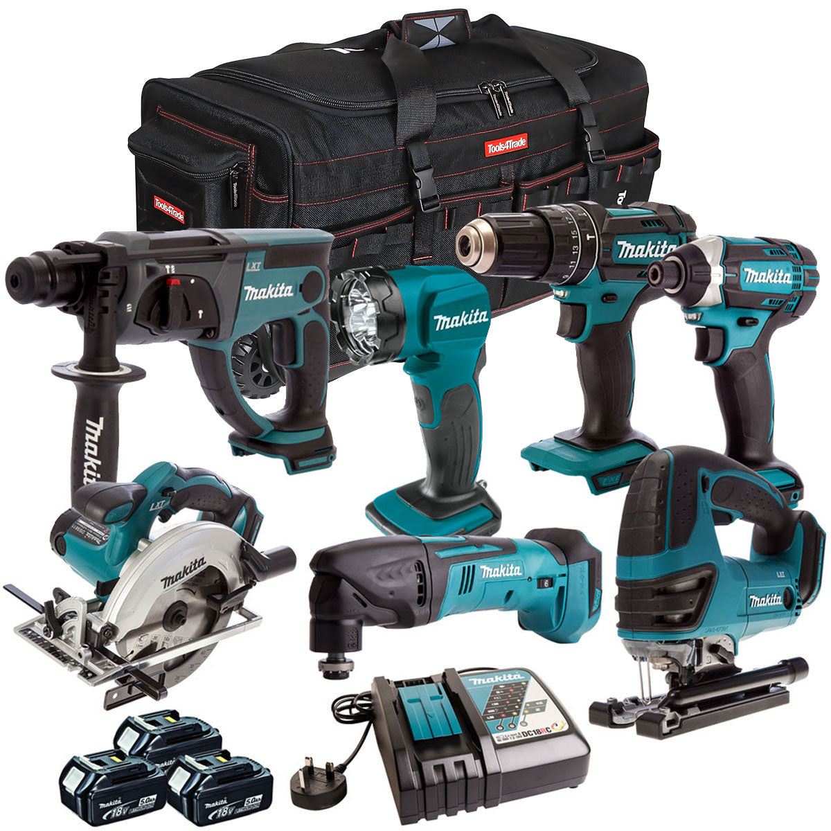 Makita 18V 7 Piece Cordless Kit with 3 x 5.0Ah Batteries & Charger T4TKIT-204