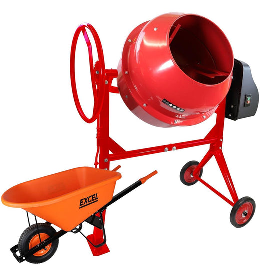 Excel 180L Portable Cement Concrete Mixer 240V/800W with Wheels & 120L Wheelbarrow Orange HDPE Tray