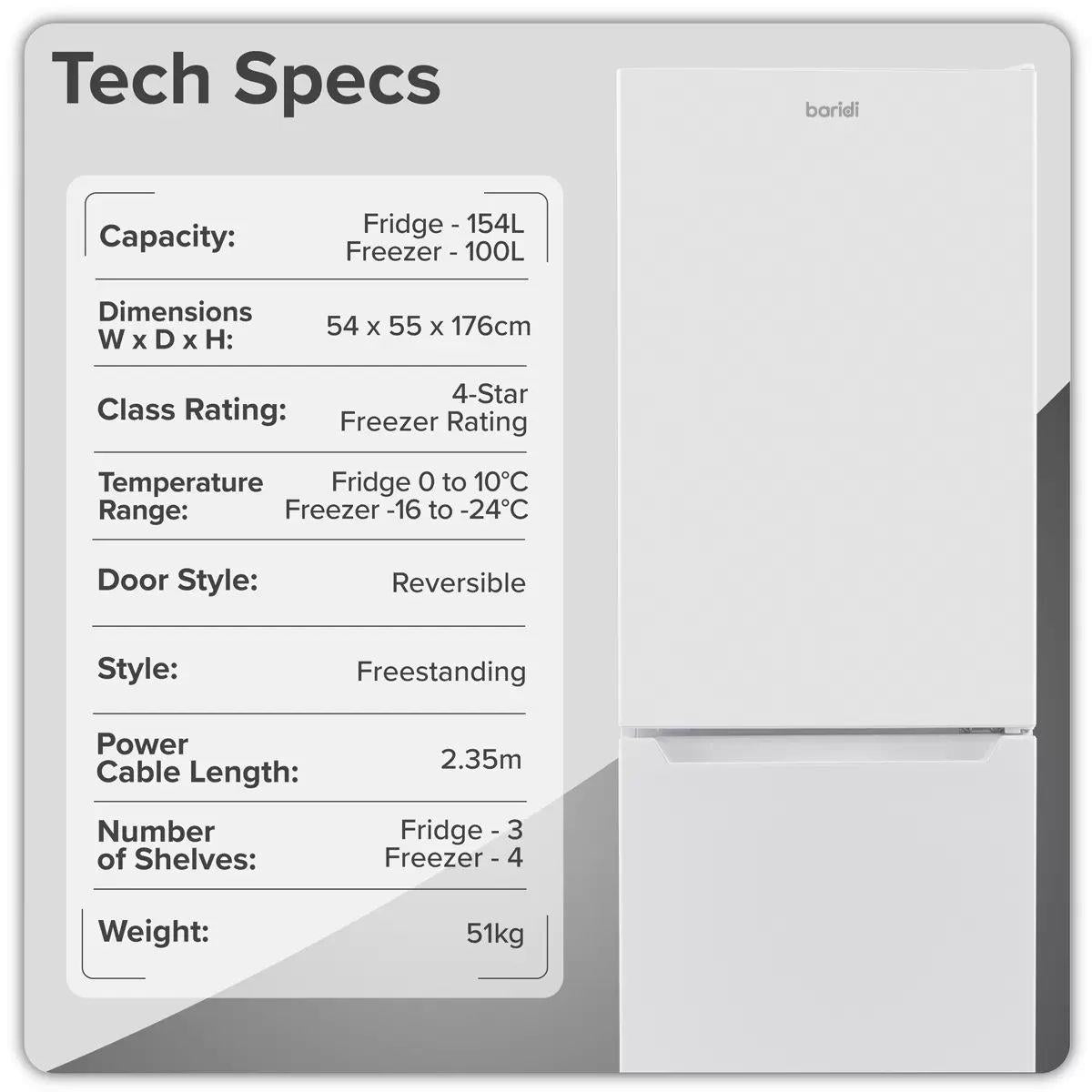 Sealey DH328 Baridi 50/50 Smart Frost Fridge Freezer 254L Capacity White 230V