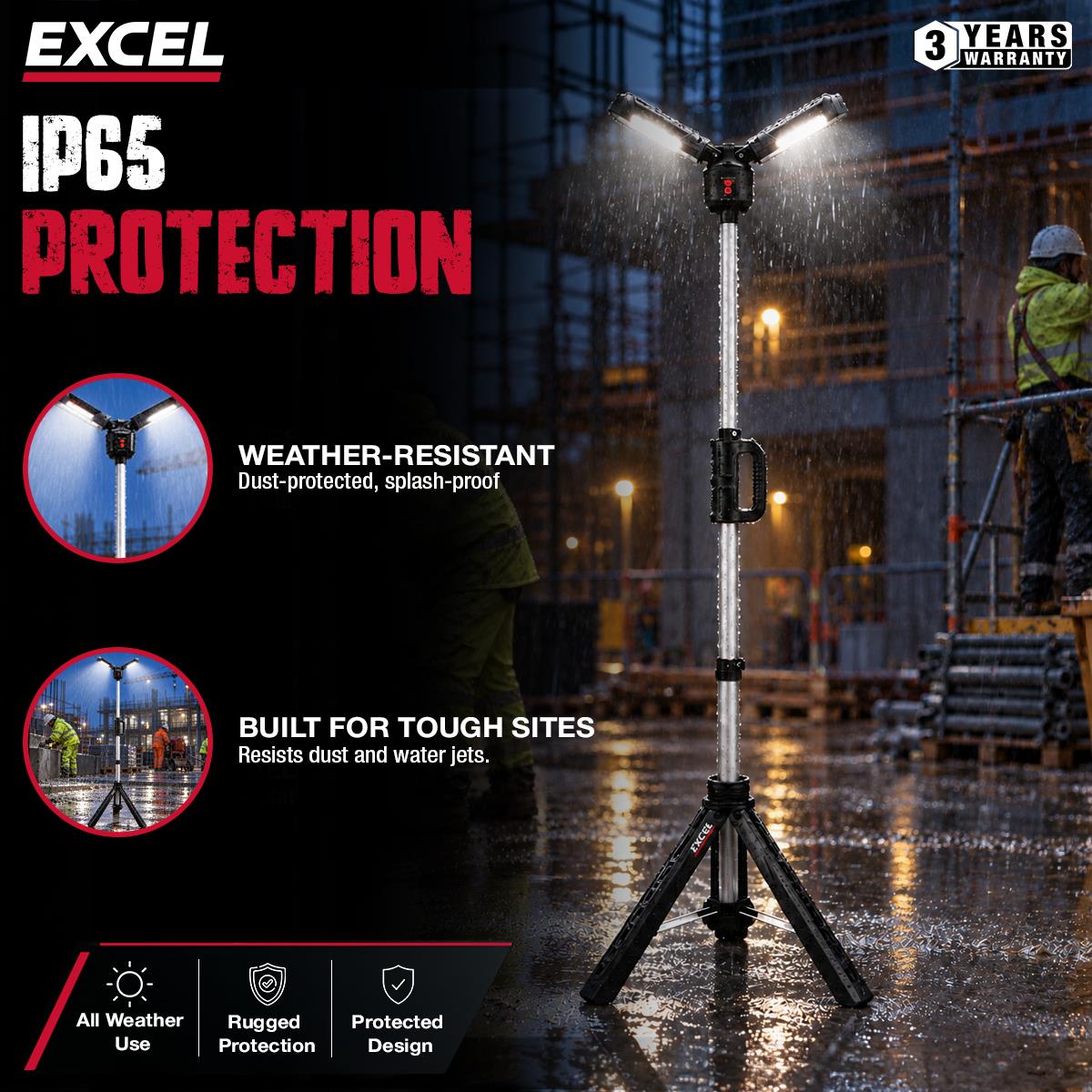 Excel 6000 Lumens Rechargeable LED Tripod Work Light with Adjustable Head