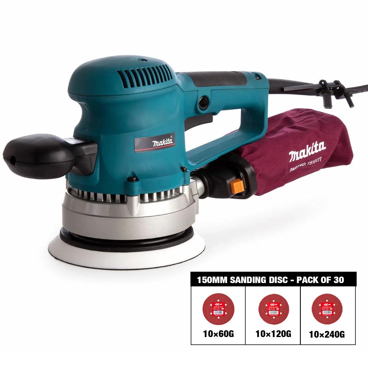 Makita BO6030/2 150mm Corded Random Orbit Sander & Dust Bag 240V with Sanding Disc 60G, 120G, 240G Pack of 30