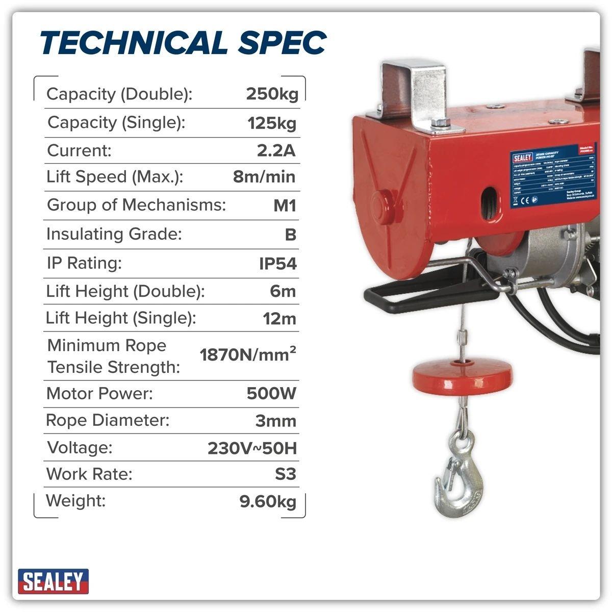 Sealey PH250 Power Hoist 250kg Capacity 230V/1ph
