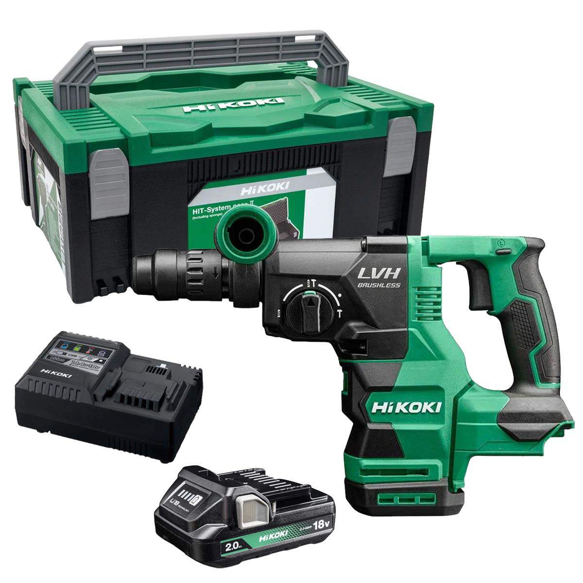 HiKOKI DH1826DCW2Z 18V Brushless 3 Mode SDS+ Hammer Drill With 1 x 2.0Ah Battery Charger & Case