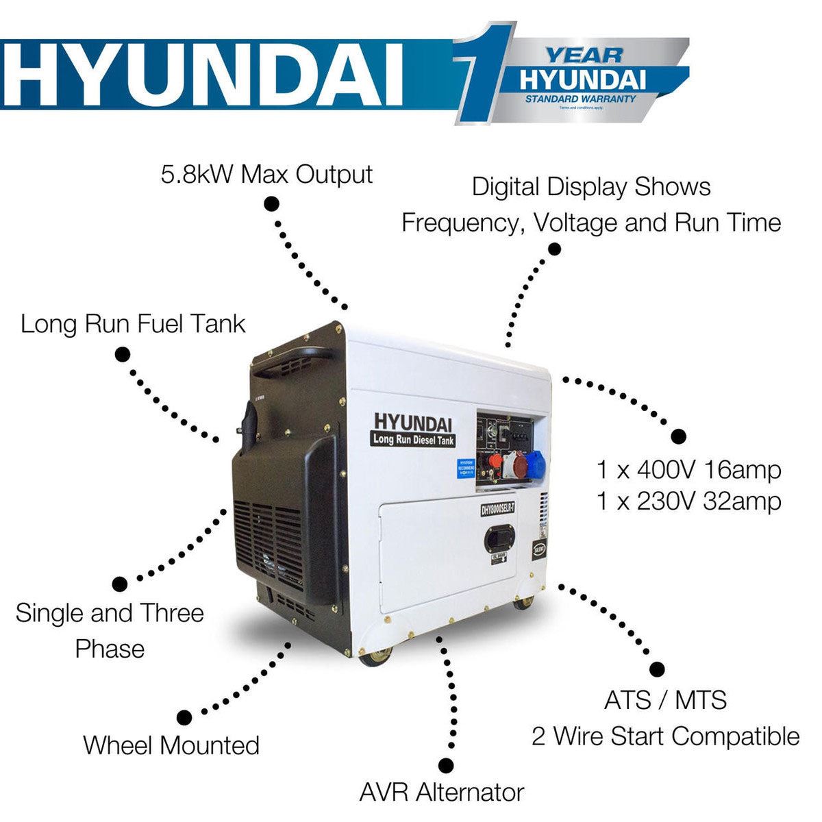 Hyundai DHY8000SELR-T Diesel Generator, Multi-phase 230V/400V, Three Phase / Single Phase 5.8kW/7.5kVA