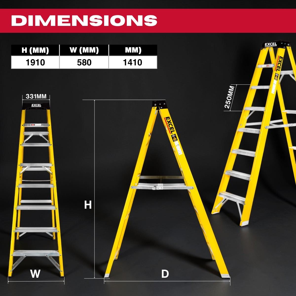 Excel Electricians Fibreglass Step Ladder 8 Tread 1.91m Heavy Duty