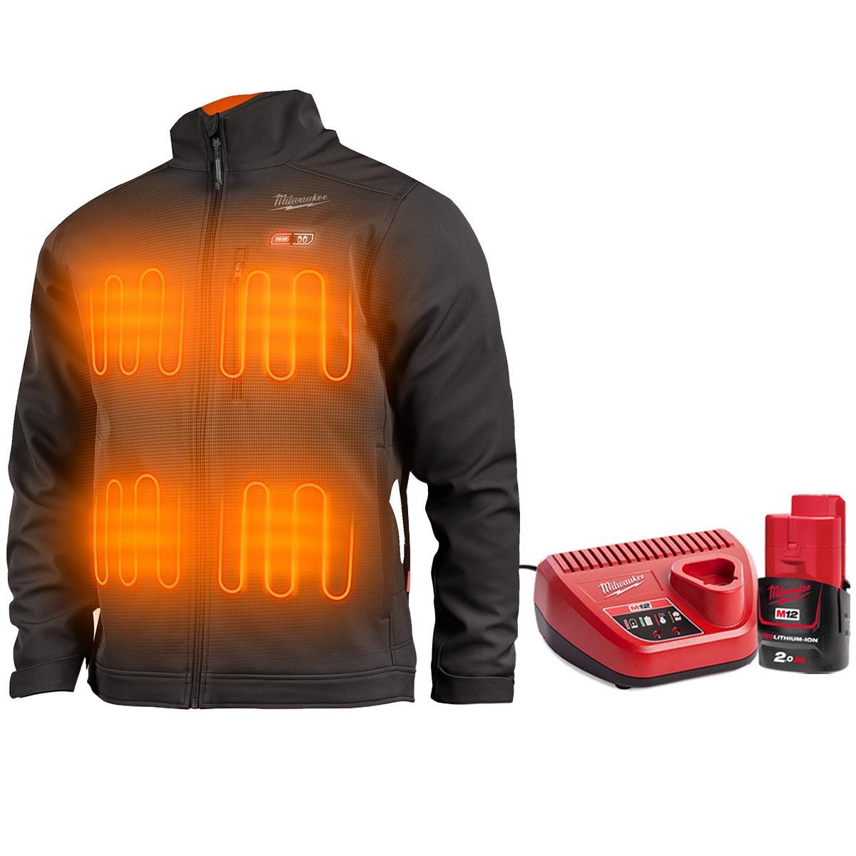Milwaukee M12 12V Black Heated Jacket XL with 1 x 2.0Ah Battery & Charger