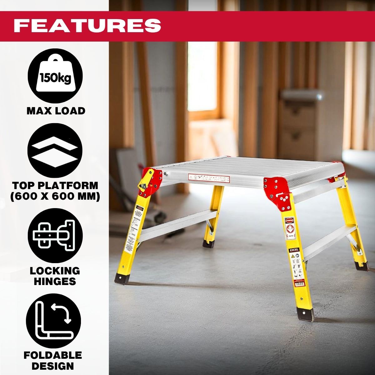 Excel Fibreglass Work Bench Platform Heavy Duty Folding Hop Up 600mm x 600mm