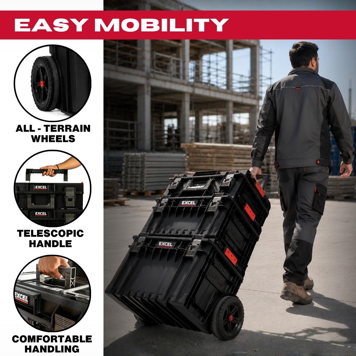 Excel Modular Stackable Tool Box Heavy Duty Mobile Storage 3 Piece Set with Wheels